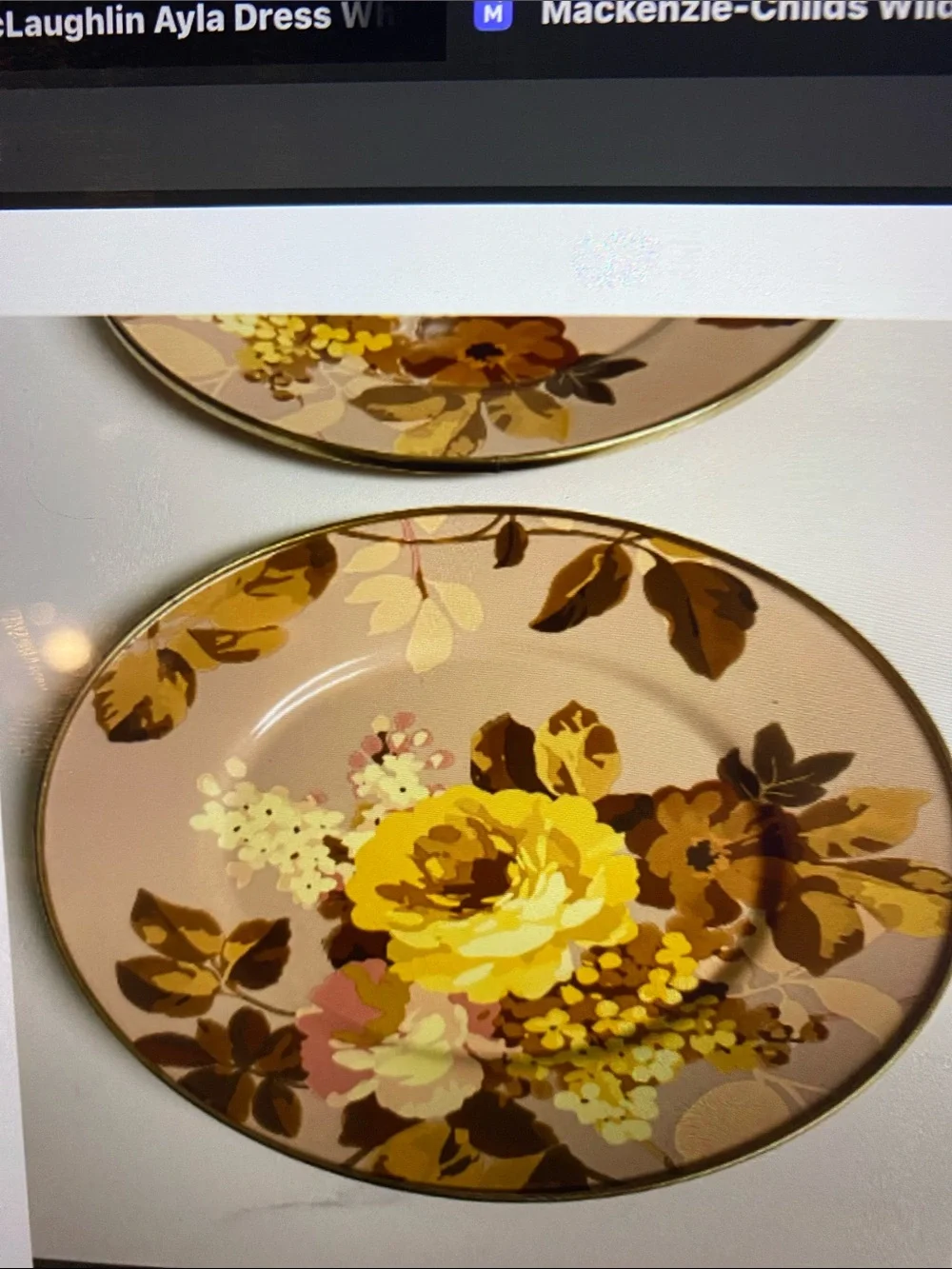 Mackenzie-Childs Wild Rose Mauve Stainless Steel Salad Plates (2) NWOT